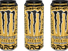 Monster Energy celebrates with new Lando Norris Gold cans Pack shots of Monster Energy Lando Norris Zero Sugar Gold can.