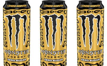 Monster Energy celebrates with new Lando Norris Gold cans Pack shots of Monster Energy Lando Norris Zero Sugar Gold can.