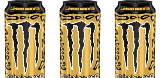 Monster Energy celebrates with new Lando Norris Gold cans Pack shots of Monster Energy Lando Norris Zero Sugar Gold can.