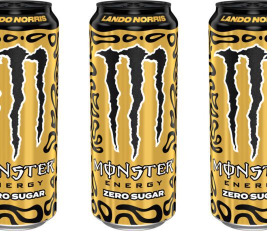Monster Energy celebrates with new Lando Norris Gold cans Pack shots of Monster Energy Lando Norris Zero Sugar Gold can.