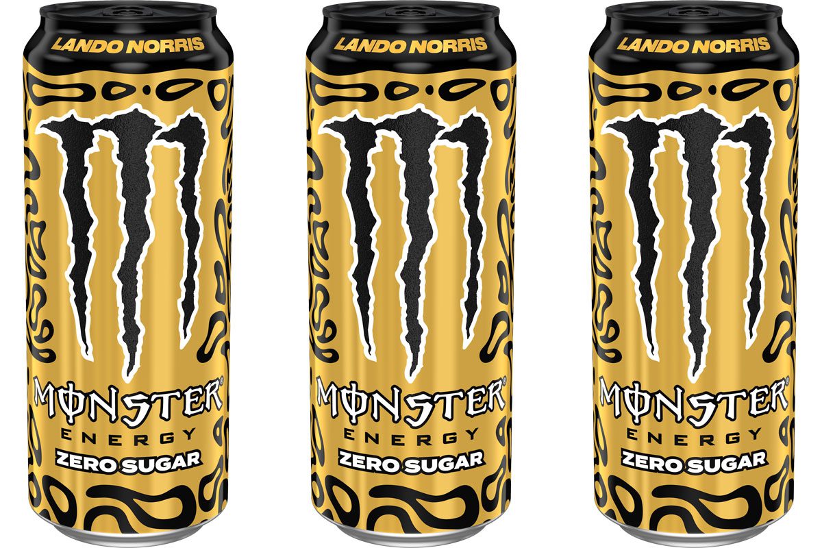 Pack shots of Monster Energy Lando Norris Zero Sugar Gold can.