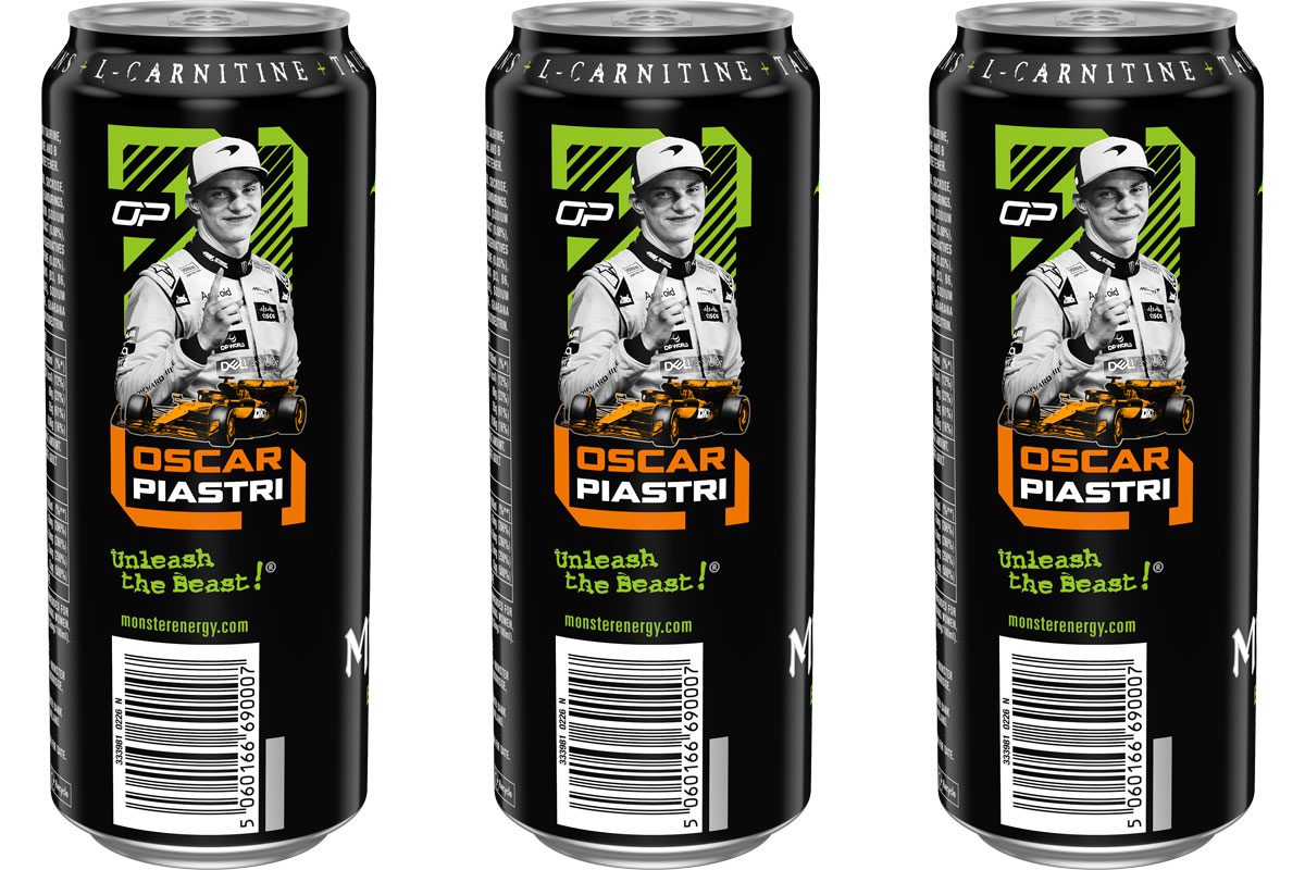 Pack shots of Monster Energy Oscar Pistari cans.
