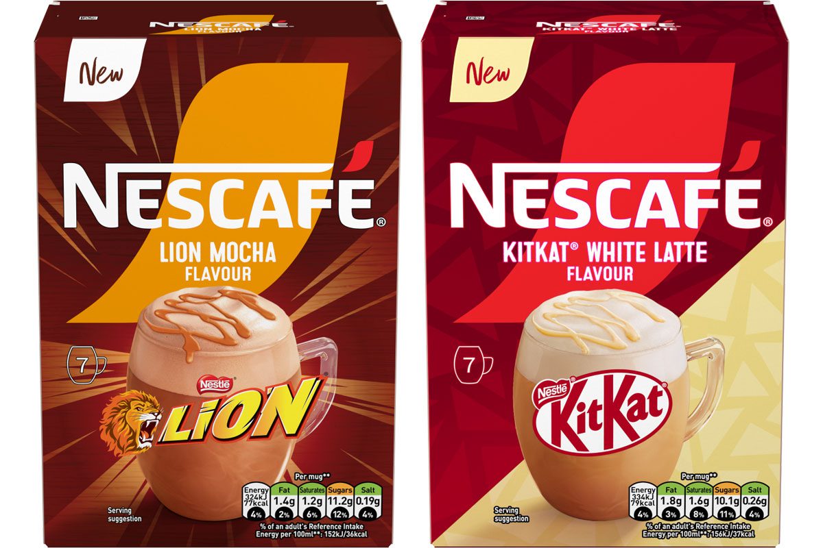 Pack shots of Nescafé Latte Mocha Lion nd Nescafé KitKat White Latte flavours.