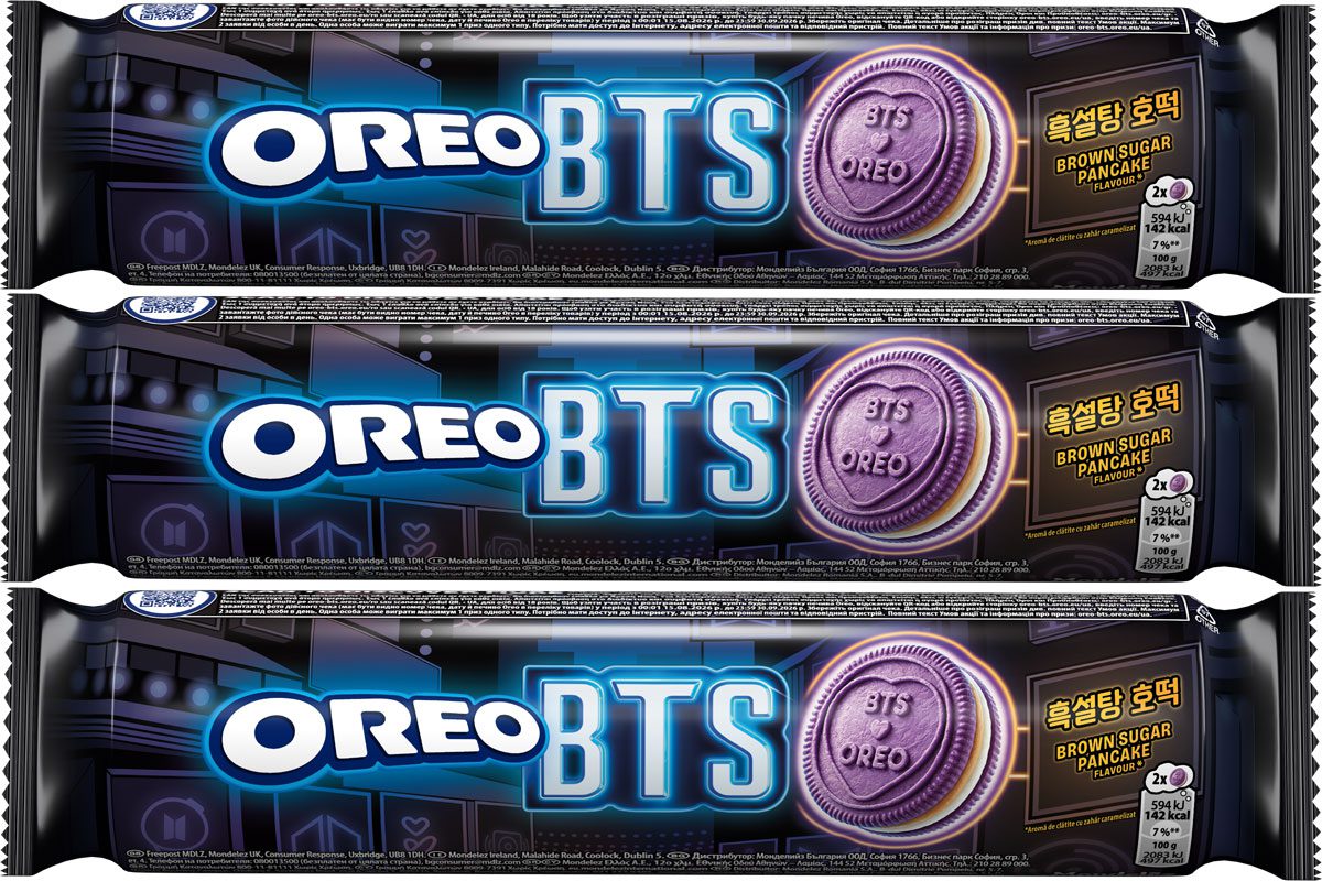 Pack shots of Oreo x BTS limited edition packs in Brown-Sugar Pancake flavour.