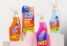 Oven Pride revamps its range with new products and new look Packs of Oven Pride Hob Pride, Oven Pride, Kitchen Pride and Fridge Pride are standing on white stands against a white background.