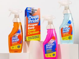 Oven Pride revamps its range with new products and new look Packs of Oven Pride Hob Pride, Oven Pride, Kitchen Pride and Fridge Pride are standing on white stands against a white background.