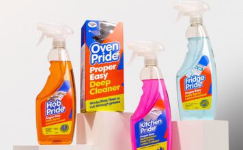 Oven Pride revamps its range with new products and new look Packs of Oven Pride Hob Pride, Oven Pride, Kitchen Pride and Fridge Pride are standing on white stands against a white background.