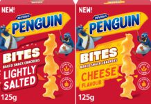 McVitie’s moves into savoury snacks with Penguin Bites Pack shots of Penguin Bites Lightly Salted crackers and Penguin Bites Cheese crackers.
