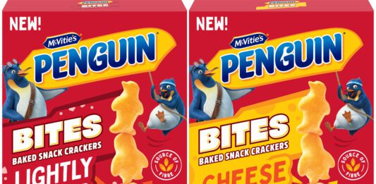 McVitie’s moves into savoury snacks with Penguin Bites Pack shots of Penguin Bites Lightly Salted crackers and Penguin Bites Cheese crackers.