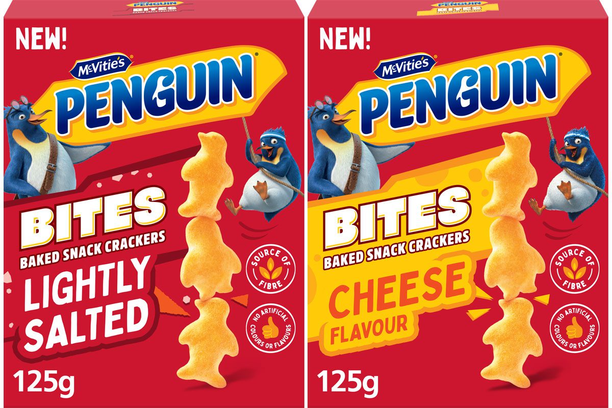 Pack shots of Penguin Bites Lightly Salted crackers and Penguin Bites Cheese crackers.