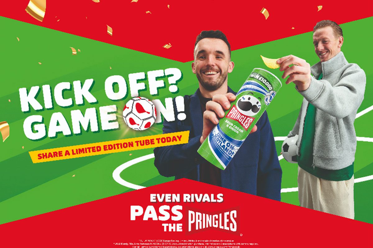 Promotional image for Pringles World Cup 2026 campaign 'Even Rivals Pass the Pringles' featuring Scotland player John McGinn and England player Jordan Pickford.