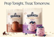 Quaker taps into Overnight Oats trend in new packs Pack shots of Quakers Overnight Oats Mocha Choc Chip and Blueberry stand against a cream background with ingredients dotted around the packs.