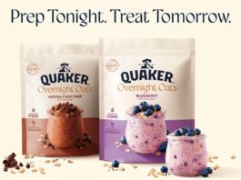 Quaker taps into Overnight Oats trend in new packs Pack shots of Quakers Overnight Oats Mocha Choc Chip and Blueberry stand against a cream background with ingredients dotted around the packs.