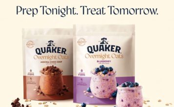 Quaker taps into Overnight Oats trend in new packs Pack shots of Quakers Overnight Oats Mocha Choc Chip and Blueberry stand against a cream background with ingredients dotted around the packs.