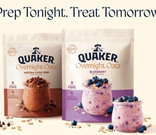 Quaker taps into Overnight Oats trend in new packs Pack shots of Quakers Overnight Oats Mocha Choc Chip and Blueberry stand against a cream background with ingredients dotted around the packs.