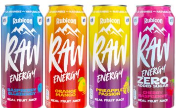 Rubicon Raw drives awareness of £1 PMP cans Pack shots of Rubicon Raw Raspberry Blueberry, Orange Mango, Pineapple Passion and Zero Added Sugar Cherry Raspberry.