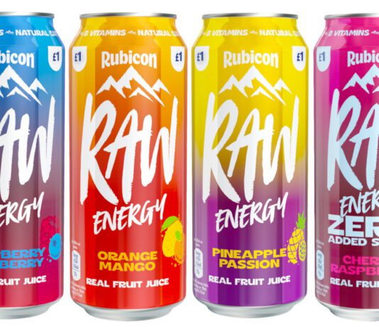 Rubicon Raw drives awareness of £1 PMP cans Pack shots of Rubicon Raw Raspberry Blueberry, Orange Mango, Pineapple Passion and Zero Added Sugar Cherry Raspberry.
