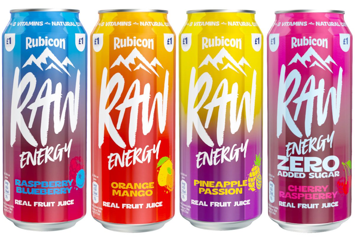 Pack shots of Rubicon Raw Raspberry Blueberry, Orange Mango, Pineapple Passion and Zero Added Sugar Cherry Raspberry.