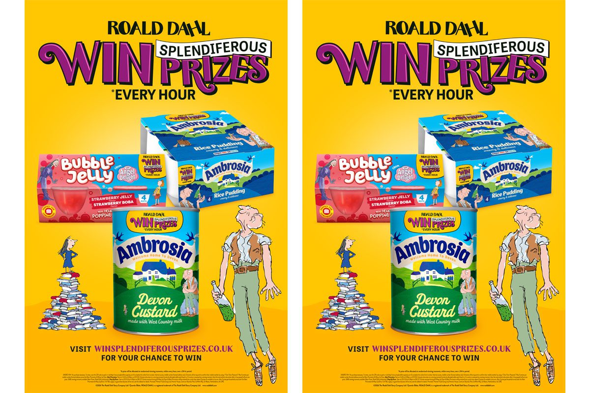 Promotional image of the 2026 partnership between Premier Foods and Roald Dahl featuring classic characters from the author's works along with pack shots of Ambrosia Custard and Angel's Delight.