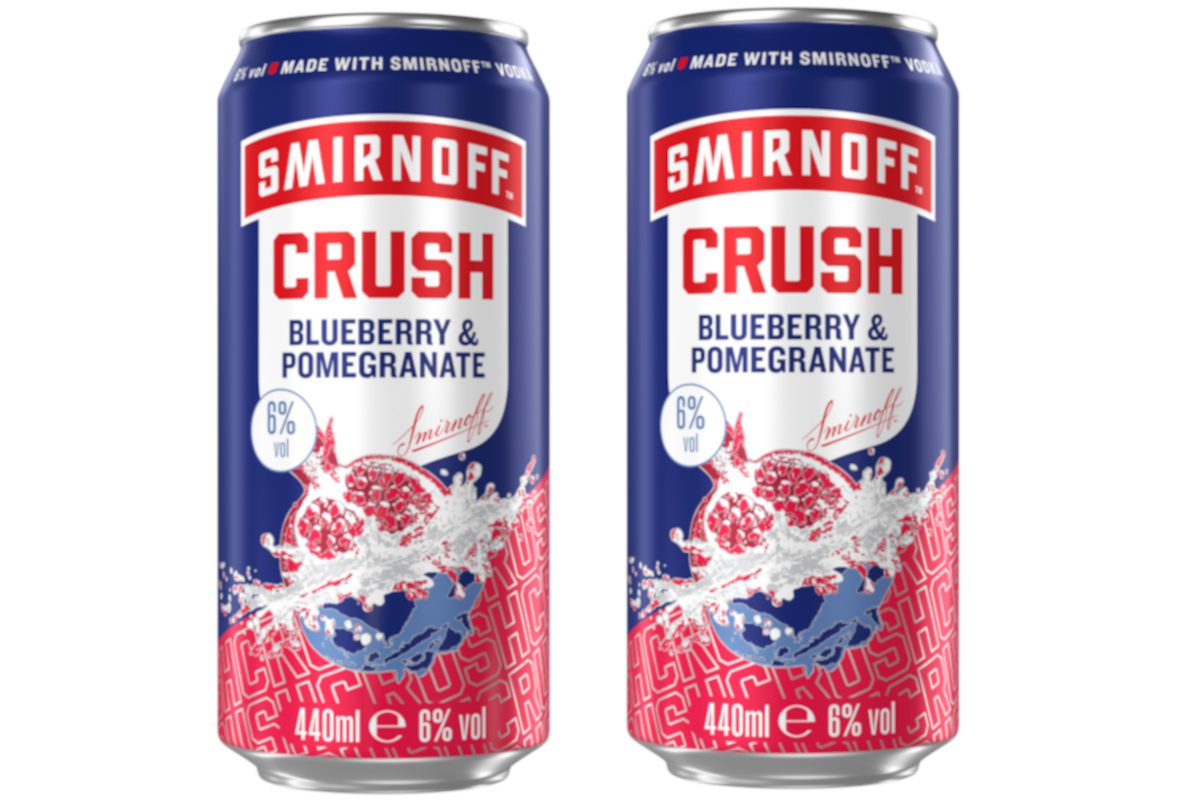 Pack shots of Smirnoff Crush Blueberry & Pomegranate cans.