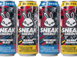 Sneak Energy rolls out new Transformers energy drinks Pack shots of Sneak Energy Transformers Frostberry Blast and Mango Meltdown.