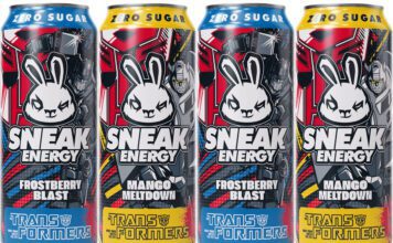 Sneak Energy rolls out new Transformers energy drinks Pack shots of Sneak Energy Transformers Frostberry Blast and Mango Meltdown.