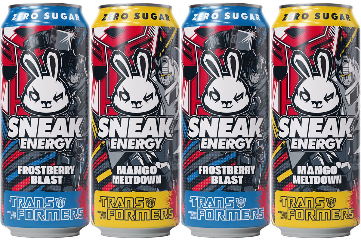 Pack shots of Sneak Energy Transformers Frostberry Blast and Mango Meltdown.