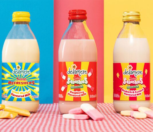 Delamere shakes up the market with Swizzels flavours Bottles of Delamere Swizzels flavoured milks stand against different coloured background with the Swizzels sweets in front of the bottles.