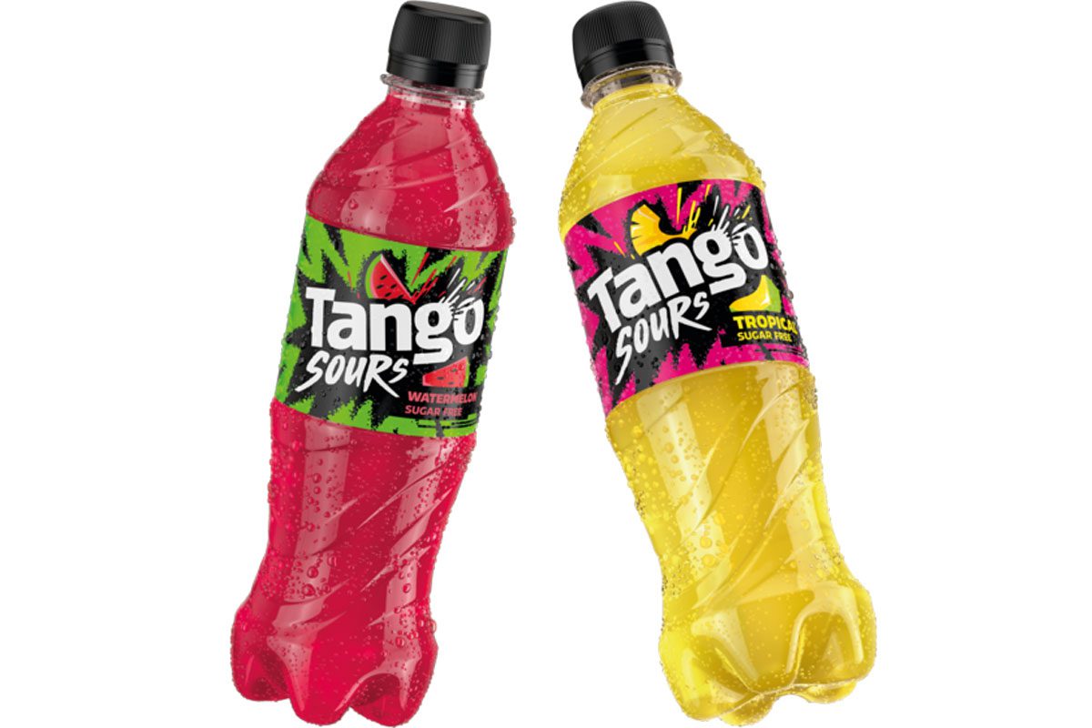 Pack shots of Tango Sours Watermelon and Tango Sours Tropical.