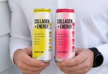 Vybey moves to new market with Collagen + Energy drinks A person holds cans of Vybey Collagen + Energy drinks in Lemon & Lime and Mixed Berry flavours.