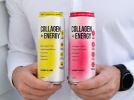 Vybey moves to new market with Collagen + Energy drinks A person holds cans of Vybey Collagen + Energy drinks in Lemon & Lime and Mixed Berry flavours.