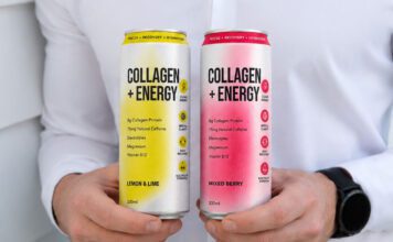 Vybey moves to new market with Collagen + Energy drinks A person holds cans of Vybey Collagen + Energy drinks in Lemon & Lime and Mixed Berry flavours.