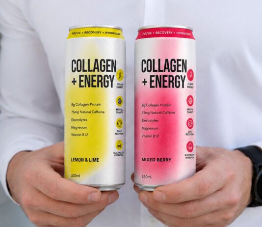 Vybey moves to new market with Collagen + Energy drinks A person holds cans of Vybey Collagen + Energy drinks in Lemon & Lime and Mixed Berry flavours.