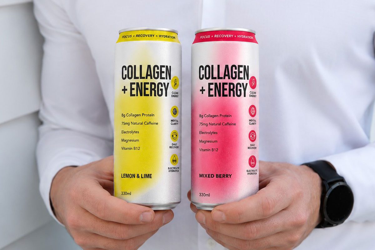 A person holds cans of Vybey Collagen + Energy drinks in Lemon & Lime and Mixed Berry flavours.