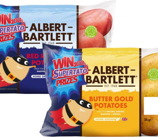 Albert Bartlett unveils new Supertato on-pack promo Pack shots of Albert Bartlett Red Rooster and Butter Gold potatoes with the Supertato on-pack promotion featured across them.