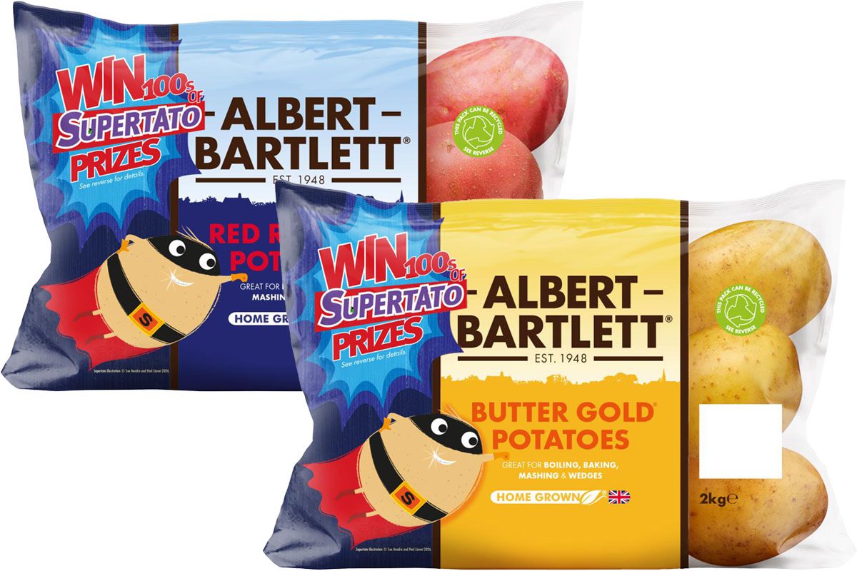 Pack shots of Albert Bartlett Red Rooster and Butter Gold potatoes with the Supertato on-pack promotion featured across them.