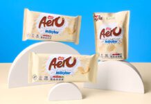 Nestlé unveils new Aero Milkybar range Packs of Aero Milkybar and Aero Milkybar Buttons are stacked on semi-circle shapes against a blue background with a white table.