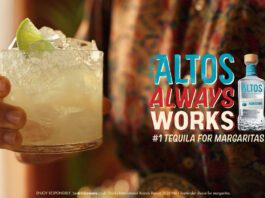 Altos Tequila unveils first global brand campaign Image for the 'Altos Always Works' marketing campaign with a person holding a Margarita cocktail with a bottle of Altos Tequila standing next to the tagline.