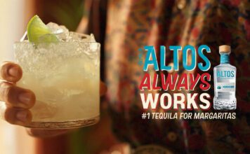 Altos Tequila unveils first global brand campaign Image for the 'Altos Always Works' marketing campaign with a person holding a Margarita cocktail with a bottle of Altos Tequila standing next to the tagline.