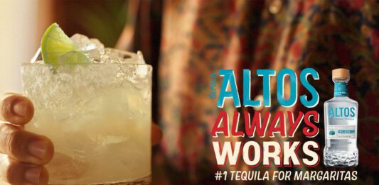 Altos Tequila unveils first global brand campaign Image for the 'Altos Always Works' marketing campaign with a person holding a Margarita cocktail with a bottle of Altos Tequila standing next to the tagline.