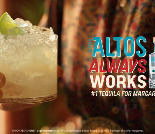 Altos Tequila unveils first global brand campaign Image for the 'Altos Always Works' marketing campaign with a person holding a Margarita cocktail with a bottle of Altos Tequila standing next to the tagline.