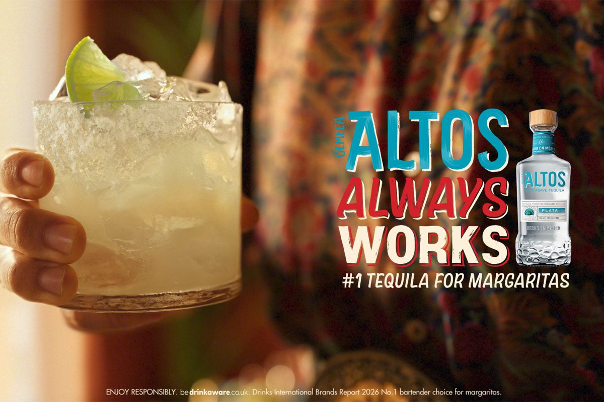 Image for the 'Altos Always Works' marketing campaign with a person holding a Margarita cocktail with a bottle of Altos Tequila standing next to the tagline.