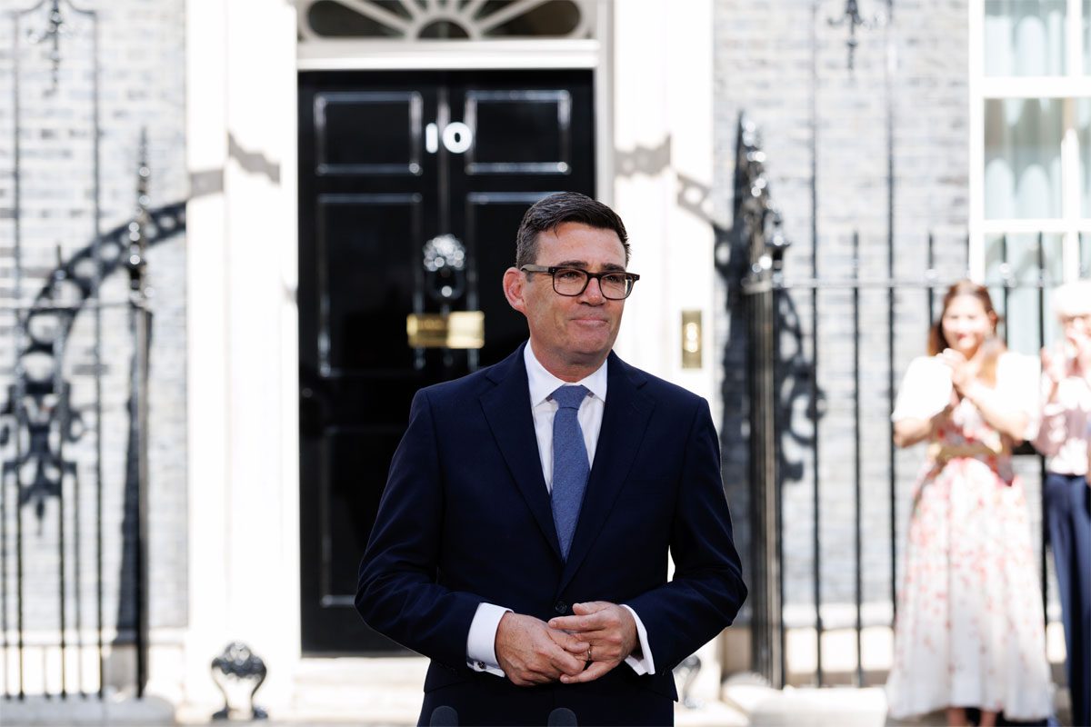 Prime Minister Andy Burnham stands outside No.10 Downing Street.