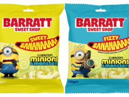 Barratt teams up with Universal on new Minions movie Pack shots of Barratt Sweet Shop Sweet Bananaaaaa and Barratt Sweet Shop Fizzy Bananaaaaa.
