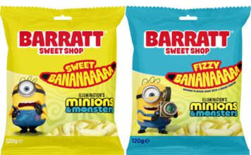 Barratt teams up with Universal on new Minions movie Pack shots of Barratt Sweet Shop Sweet Bananaaaaa and Barratt Sweet Shop Fizzy Bananaaaaa.