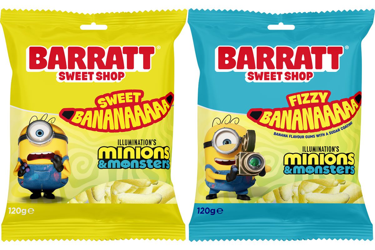 Pack shots of Barratt Sweet Shop Sweet Bananaaaaa and Barratt Sweet Shop Fizzy Bananaaaaa.