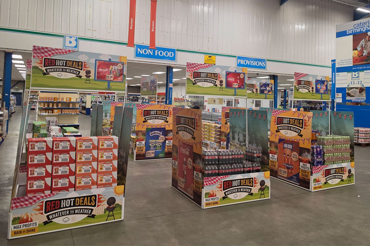Interior image of a Bestway Wholesale depot with the summer 2026 integrated campaign promo bays.