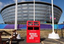 CCEP invites Commonwealth Games fans to vote through recycling The CCEP DRS Ballot recycling box stands outside the OVO Hydro in Glasgow.