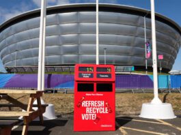 CCEP invites Commonwealth Games fans to vote through recycling The CCEP DRS Ballot recycling box stands outside the OVO Hydro in Glasgow.