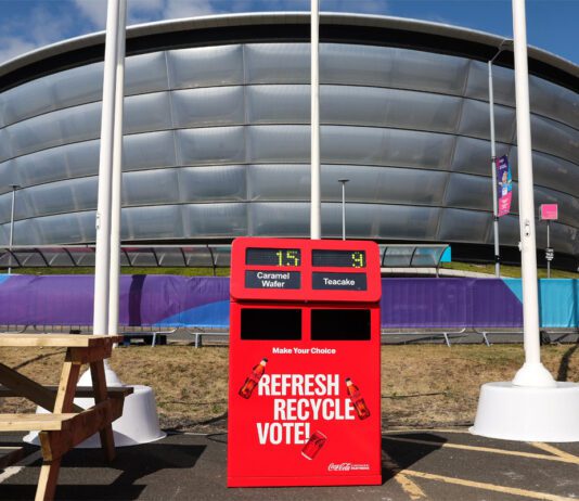 CCEP invites Commonwealth Games fans to vote through recycling The CCEP DRS Ballot recycling box stands outside the OVO Hydro in Glasgow.